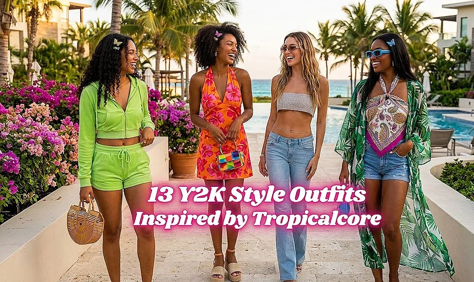 "Feature image of four diverse women modeling Y2K tropicalcore fashion at a luxury resort, with text overlay reading '13 Y2K Style Outfits Inspired by Tropicalcore'."