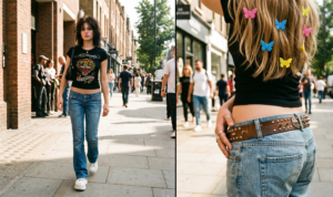 A 16:9 vertical diptych. The left image is a full-body street style shot of a woman in low-rise bootcut jeans and a black Ed Hardy baby tee. The right image is a close-up of a low-rise waistband with a brown studded belt and butterfly clips in hair."
