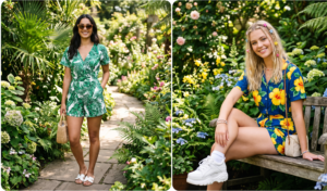 Two women in rompers are photographed separately in a sunlit garden. The top panel shows a model in a green palm print romper and white sandals. The bottom panel features a different model in a blue romper with yellow hibiscus flowers and chunky white sneakers.