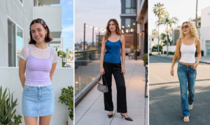 A three-panel photo collage showcasing different women in casual and stylish outfits. Left panel: A smiling young woman with short dark hair styled with butterfly clips stands on a bright balcony with potted plants. She wears a lavender spaghetti-strap top layered over a white mesh tee, and a light-wash denim miniskirt. Center panel: A woman with long, wavy brown hair on a modern rooftop patio at dusk. She is wearing an elegant deep blue satin camisole, black wide-leg trousers, black mule heels, and carries a small patterned bag. String lights are in the background. Right panel: A joyful woman with curly blonde hair and large sunglasses laughs while walking down a sunny residential street with palm trees. She is wearing a simple white tank top, relaxed-fit flared blue jeans, white flip-flops, and a crescent-shaped brown leather shoulder bag.