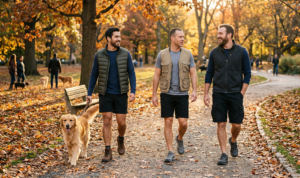 A natural, golden hour photograph taken in an urban park on a cool fall morning, with three men in layered, outdoor-ready looks and dynamic textures.