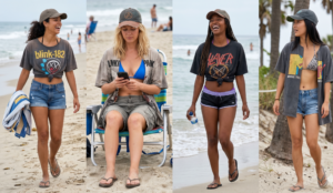 A 4-panel grid photograph collage, displayed in a total 16:9 aspect ratio, featuring four distinct, candid images of different women in natural beach settings. Each panel captures a unique woman channeling casual Y2K celebrity beach style with intentionally oversized vintage graphic tees worn unbuttoned or tied at the front. Panel 1 (Top Left): Hispanic woman (curly dark ponytail) walking on sand, laughing. Wearing faded oversized Blink-182 band graphic tee tied at the front into a crop over black bikini top, denim cutoffs, flip-flops, baseball cap. Panel 2 (Top Right): Blonde woman (wavy shoulder hair) sitting on beach chair, looking at phone. Wearing worn oversized Linkin Park graphic tee worn open and loose over blue triangle bikini top, cargo shorts, flip-flops, baseball cap askew. Panel 3 (Bottom Left): Black woman (long braids) walking barefoot near waterline, laughing, captured mid-stride. Wearing retro-style oversized Slayer band graphic tee tied at front into a crop over purple bikini top, low-rise athletic shorts, flip-flops, baseball cap askew. Panel 4 (Bottom Right): Asian woman (straight dark hair) looking back over shoulder near palm trees and dune. Wearing oversized faded MTV logo graphic tee worn open and loose over patterned bikini top, denim cutoffs, flip-flops, baseball cap askew. Photorealistic, candid paparazzi aesthetic on real, textured sand with ocean water and diverse, distant beachgoers.