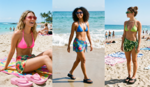 A vertical split-screen collage presenting three unique, candid beach photos of young women enjoying a sunny day. On the left, a blonde woman laughs, sitting on a colorful beach towel wearing a bright pink triangle bikini, a low-rise tropical-print sarong skirt, and pink platform flip-flops. In the center, a woman with dark, curly hair walks barefoot along the shoreline, wearing an electric blue triangle bikini and matching tropical sarong, with oversized blue sunglasses. On the right, a woman with her brown hair in a casual bun stands barefoot, wearing a lime green triangle bikini and a coordinating tropical leaf sarong, with black platform flip-flops and green-tinted sunglasses.