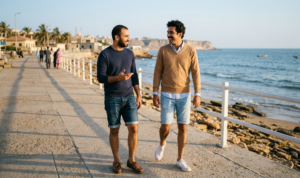 Two photos of a man in a denim shirt and shorts, one with him leaning on a bicycle.