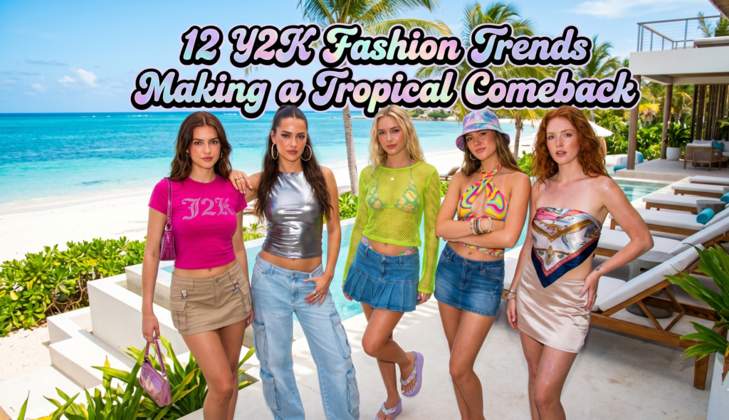 A vibrant, trendy feature image of five young white women posing confidently on a luxury tropical beach resort patio, with a turquoise ocean and palm trees in the background. They are wearing diverse, eclectic Y2K-inspired fashion outfits including rhinestone tops, cargo pants, mesh layers over swimsuits, denim mini skirts, bucket hats, and a satin skirt, accessorized with baguette bags and platform sandals. The image style is saturated, punchy colors and sparkly, metallic textures. At the top, bold, stylized purple and blue text reads, "12 Y2K Fashion Trends Making a Tropical Comeback."