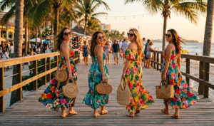 "Three joyful women (a Black woman in hot pink, an Asian woman with a hat, and a Latina woman in neon green) walk together on a luxurious beach with palm trees and a stunning ocean view."