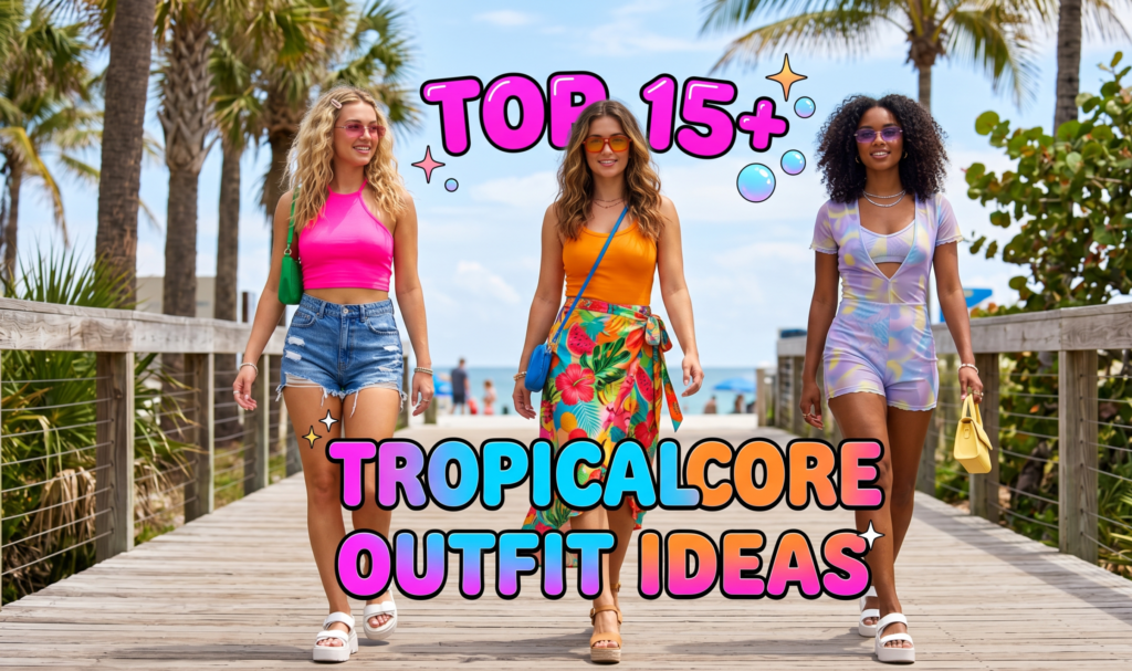 "A feature image for a fashion blog article. Three diverse and stylish young women are walking on a sunlit, palm-tree-lined boardwalk near the beach. Above them, bold text reads 'TOP 15+'. Below them, larger text in stylized, sparkly font reads 'TROPICALCORE OUTFIT IDEAS'. The women showcase varied 'tropicalcore' looks, including a pink halter top with denim shorts, an orange tank top with a floral wrap skirt, and a pastel mesh romper, all with appropriate accessories. This image captures the essence of the blog post's title."