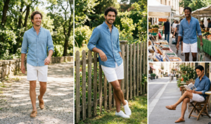 A mixed style photo collage where a centered photo of the man in white shorts is surrounded by a polaroid-style picture, a grainy film still, and an artistic bokeh background panel.