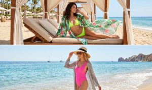 Two women are captured in sophisticated beach wear. The top image shows a model in a neon lime bikini with a sheer tropical kimono on a beach bed. The bottom image shows a model in a hot pink one-piece swimsuit, metallic cover-up, and wide-brim hat.