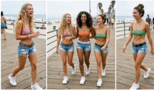 A vertical split-screen triptych showing three joyful young friends enjoying a walk on a sunny beach boardwalk, embodying an early 2000s street-meets-beach style. In the left panel, a blonde friend in colorful butterfly clips and distressed low-rise denim cutoffs laughs naturally. In the center panel, all three friends (blonde, Black, and brunette with buns, all with butterfly clips) walk arm-in-arm, laughing, wearing bandeau bikini tops and low-rise distressed cutoffs with studded belts and white Fila platform sneakers. On the right panel, the brunette friend with the green bandeau and low-rise cutoffs walks solo, laughing with a bright expression.