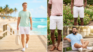 A photo-realistic horizontal stack of four panels showing the man's torso in four different colored Vests (blue, gray, black, olive green) over a gray long-sleeve tee.