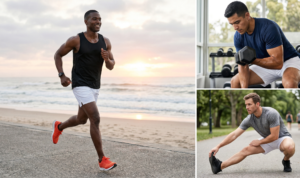 A photo-realistic stacked 2x2 grid showing the man in white shorts and vest engaged in four distinct outdoor activities: hiking, kayaking, setting up camp, and relaxing.