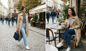 A sophisticated two-panel photo composite illustrating classic layering in street-style photography. Panel 1 shows a woman in an effortless bun walking on a city street. Panel 2 shows a different woman sitting at an outdoor cafe table with the trench coat open, displaying the striped Breton top.