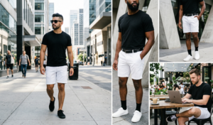 A photo-realistic split-screen collage contrasting a casual walking portrait with a dynamic running photo of the same man in white shorts, both in natural, sunlit outdoor environments.