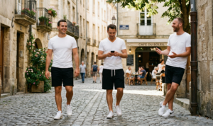 A sun-dappled photograph capturing three men in modern white shirts and black shorts walking and laughing on a historic cobblestone European street.