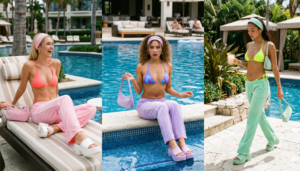A photorealistic vertical split-screen triptych showcasing three young women lounging and walking near a luxurious resort pool, channeling an ultimate Y2K vibe. In the left panel, a blonde woman with a pink velour headband laughs from a pool chair, wearing a neon coral bikini and low-rise baby pink velour track pants with white trim, chunky white platform sandals, and a tiny pink velour baguette bag. The middle panel shows a woman with brown hair and a lavender headband sitting poolside, wearing a purple/blue tie-dye bikini and low-rise lavender velour track pants, chunky lavender platform sandals, and a tiny lavender velour baguette bag. The right panel features a Black woman with a mint green headband walking poolside, smiling, in a neon yellow-green bikini, low-rise mint green velour track pants, chunky mint green platform sandals, and a tiny mint green velour baguette bag.