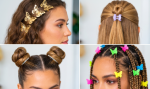 This four-panel image collage features four different hairstyles styled with trendy hair accessories. The top-left panel shows a close-up profile of a woman with long, wavy brown hair, her hair adorned with four decorative, gold-toned filigree butterfly clips placed in a neat row. The top-right panel displays a back view of a woman with long blonde hair; the top half is pulled back into a small, neat mini-bun secured with a matte lavender claw clip, with the remaining hair down. The bottom-left panel shows a front-facing, top view of a woman with dark brown hair styled into two high, small space buns on either side of a precise center part, with each bun wrapped in a sparkling, rhinestone-studded band. The bottom-right panel features a woman with numerous braids in her brown hair, with many small, brightly colored (pink, green, yellow, blue) plastic butterfly claw clips clipped onto individual braids around her temples and hairline.