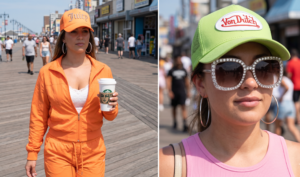 A 16:9 photograph composite featuring two sporty looks. Left image: A woman in a bright orange zip-up tracksuit and trucker hat on an urban boardwalk. Right image: A close-up shot of a woman with a lime green Von Dutch cap and rhinestone-rimmed sunglasses."