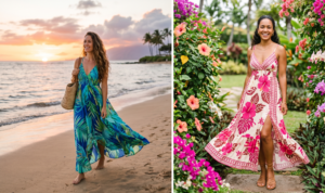 A split-screen image featuring two women wearing flowing tropical print maxi dresses; one walking on a beach at sunset in a blue and green palm-print dress, the other in a vibrant floral dress in a garden.