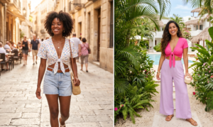 A two-panel photo showing women wearing tie-front crop tops; one in a white floral top with high-waisted denim shorts on a sunny street, and another in a hot pink top with wide-leg pastel pants near tropical plants.