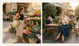 A two-panel collage of natural light photography featuring linen midi skirts. One panel shows a woman near a flower market stall in a beige linen midi skirt, and the other shows a different woman on a sunny bistro patio in a navy linen skirt.