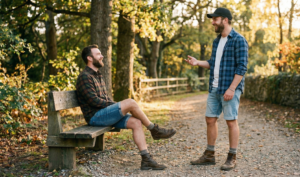 Three men in denim shorts and casual shirts by a pool, smiling and talking.