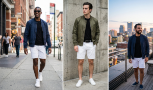 A photo-realistic large vertical grid of four images of the man in white shorts and vest, using dynamic lower-angle shots for an adventurous feel.