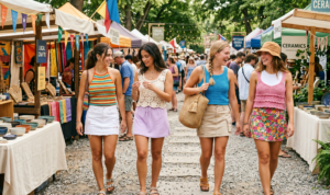 "A group photograph featuring a pop of hot pink, a splash of neon green, and a cool touch of blue, as three friends in distinct swimwear walk along a sun-drenched beach."