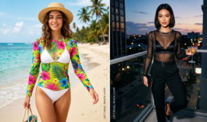 A two-panel vertical split diptych photograph comparing two fashion styles for the same young woman, labeled as "LEFT PANEL: BEACH LAYER" and "RIGHT PANEL: EDGY EVENING" using vertical text. The left panel, with a bright tropical beach background, shows the woman smiling from the mid-thigh up on a sandy shore. She wears a neon-green, long-sleeved rash guard with a bold, colorful print of pink and yellow tropical flowers, palm fronds, and a small parrot, layered over a white, string-tie bikini top. Below, she wears white bikini bottoms. She is adorned with a straw sun hat, small gold hoop earrings, a delicate gold necklace, and holds a straw tote bag in her left hand. She has long, wavy brown hair. The background features a turquoise ocean, a sandy shoreline, and lush palm trees under a bright blue sky with light clouds. The right panel, set against an evening city balcony background, shows the same woman, with her hair styled in a sleek, chin-length bob, standing from the mid-calf up. She wears an all-black evening outfit: a sheer black long-sleeved mesh top over a black satin bralette-style top, and high-waisted black tailored trousers with a black leather belt. She is posed balancing on one foot, with the other bent. She wears larger gold hoop earrings and layered necklaces, and holds a black clutch bag in her right hand and a martini glass with clear liquid in her left hand. Her expression is calm and confident. The background looks down from a high-rise balcony onto a city street with bokeh light trails from traffic and illuminated buildings under a twilight blue-orange sky. Vertical white text is placed on the dark background of the right panel: "LEFT PANEL: BEACH LAYER" near the left edge of the right section, and "RIGHT PANEL: EDGY EVENING" near the right edge of the entire image.