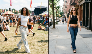 A 2-panel photo diptych in a 16:9 vertical format, showcasing Y2K fashion. The left panel shows a young woman (early 20s, dark curly hair) walking at a sunny music festival. She wears bleached, distressed low-rise wide-leg jeans, a white "ANGEL CAFE" graphic tee (revealing a small sliver of midriff), a silver chain belt, and chunky white sneakers. She holds two plastic cups with drinks. The background is a busy, colorful festival field with tents, people, and a stage under a blue sky. The right panel shows another woman (long wavy brown hair, sunglasses) walking on a sunny Manhattan city street sidewalk. She wears dark-wash low-rise bootcut jeans with a brown leather belt, a fitted black cropped halter top, and strappy black leather flat sandals. She carries a mini shoulder bag. The background shows brick buildings, storefronts like "Cafe Luna" and "Boutique," trees, and other pedestrians. The image has a candid, high-end street style photography feel with natural daylight and cohesive colors.