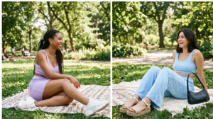 Two images of women during a park picnic. On the left, a woman in a lavender ribbed crop top and skirt set holds a straw bag. On the right, a woman in a baby blue terry cloth crop top and pants set holds a blue canvas tote. They relax under dappled sunlight on a striped blanket.