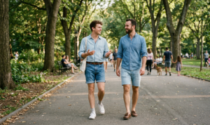 Two photos of a man in a denim shirt and shorts walking on a street.