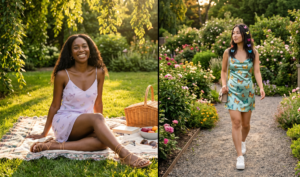 A natural, sun-drenched split-screen garden photograph featuring two diverse women in butterfly pattern mini dresses. The left panel shows a Black woman with long wavy hair, smiling and sitting on a patterned woven blanket in a lush garden, wearing a lavender chiffon slip mini dress with subtle pastel butterfly motifs, and strappy flat sandals. She has small gold hoop earrings. Around her are a wicker picnic basket, a book, fruit, and sunglasses. The right panel displays another woman with multiple colorful butterfly clips in her dark hair, walking on a gravel path through vibrant flower beds. She wears a satin teal and yellow butterfly print mini dress with white platform sneakers and a small structured shoulder bag. The golden hour lighting creates long shadows. A plaque labeled '2026' is visible.