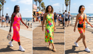Three different models walk in vibrant tropical outfits along a sunny boardwalk. The left model wears a hot pink slip dress with palm prints and white sneakers. The center model wears a lime green halter dress with hibiscus flowers and pink sunglasses. The right model wears an orange bodycon dress and a white mini shoulder bag.