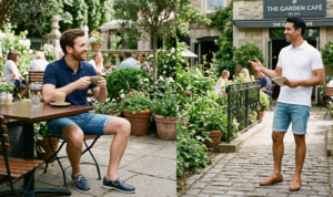 Four men in casual wear (t-shirts and shorts) talking and laughing together in a garden.
