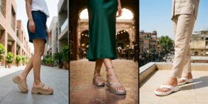 A three-panel split-image photo collage showcasing 2000s-style platform footwear in different Lahore locations. The left panel features a side profile of a person wearing a white shirt and blue denim skirt, standing on a stone pathway. They are wearing a pair of chunky tan platform mule slides with buckle straps. In the background, there is modern brick architecture and potted plants. The center panel shows a close-up of a person in a flowing green satin dress, walking through an ornate, historic courtyard at dusk. They are wearing silver, multi-strap platform sandals that wrap around the ankles. Background elements include old, arched architecture and decorative string lights. The right panel captures a person in white-and-khaki linen trousers, standing on a rooftop. They are wearing white platform thong sandals. The background provides a high vantage point view of a dense, old-city landscape with traditional buildings and domes. At the bottom of the collage, there is a black banner 
