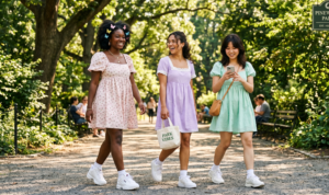 A natural street-style 16:9 composite photo set in a columns grid, set in "PINEWOOD PARK" in 2026. All three panels feature women in fluffy, breezy babydoll dresses walking together, contrasted with heavy white sneakers under lush dappled sunlight. The left panel features a model with dark skin and dark, textured curly hair adorned with colorful butterfly clips. She walks confidently, smiling broadly, in a pale pink floral print babydoll dress with puff sleeves, paired with chunky white Fila platform sneakers, white socks, and gold jewelry. The next panel shows a smiling Mixed-race model with wavy dark hair, wearing a lavender cotton babydoll dress with white lace trim on the square neckline and sleeves, carrying an off-white canvas tote bag labeled "PARK VIBES" and wearing chunky white platform sneakers. The right panel captures an Asian model with dark hair in a mint green empire-waist babydoll dress checking her silver phone, carrying a tan leather crossbody bag, and wearing chunky white New Balance platform sneakers. A sign for "PINEWOOD PARK EST. 1920 - 2026" is visible.