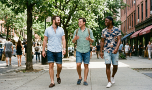 Three men on a bridge, one gesturing and talking to the other two, all in casual wear.