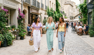 "Three women of diverse ethnic backgrounds create a vibrant scene, their varied beachwear and smiles standing out against the backdrop of a tropical paradise with a clear blue sky."