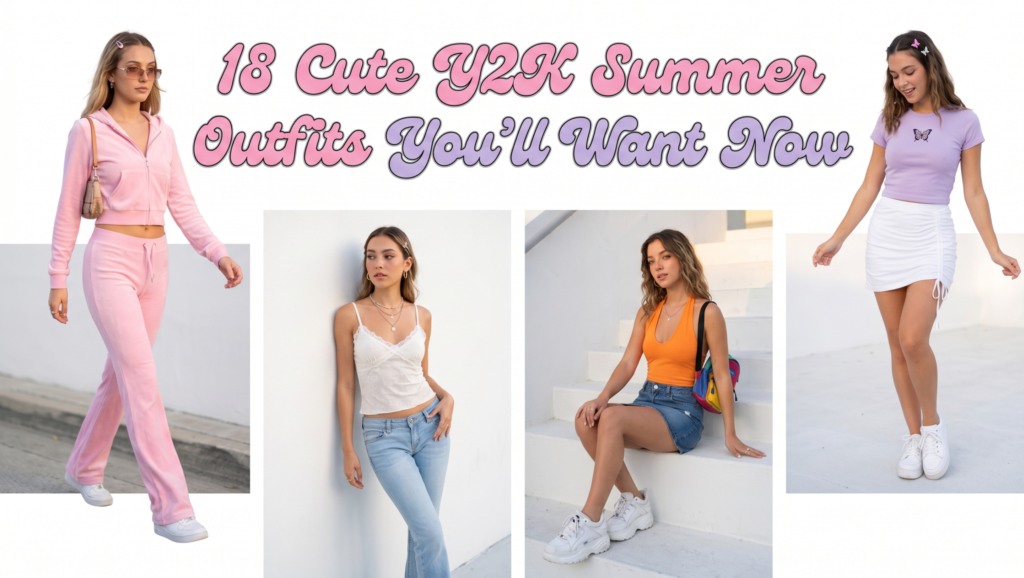 Main image for the blog post "18 Cute Y2K Summer Outfits You'll Want Now," featuring a four-panel outfit collage of women in different early 2000s inspired looks against a clean white background. Large, bubble-style pink and purple text above the models reads: "18 Cute Y2K Summer Outfits You'll Want Now." The first outfit on the left is a baby pink velour zip-up hoodie and flared pants set; the second is a delicate white lace-trimmed camisole paired with light-wash low-rise jeans; the third is a bright orange halter crop top with a denim micro mini skirt and platform sneakers; and the fourth is a lavender baby tee with a small butterfly graphic and a white ruched mini skirt. All models have typical Y2K accessories like butterfly clips or small shoulder bags. The natural lighting and street-style aesthetic create a fresh and trendy feel, representing the article's focus on modernizing 2000s fashion.