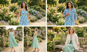 A garden-themed four-panel composite in bright natural light. Top left shows a woman in a floral midi dress in a park. Top right shows the same woman layering a denim jacket over the dress. Bottom left shows a different woman in a pastel green dress, and bottom right shows the green dress layered with a cream blazer.
