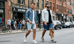 Two men in shirts and shorts walking and conversing on a paved path in a park with old buildings.