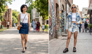A two-panel, side-by-side photograph comparing two different women's casual denim styles in contrasting outdoor settings. On the left, a smiling woman with short, curly dark hair is shown walking forward on a tree-lined park path, looking relaxed. She wears a simple white ribbed tank top, a dark blue denim miniskirt, and black ballet flats, carrying a small brown leather crossbody bag. The background features old brick ruins and blurred figures of families in the distance under bright sunlight. On the right, a confident-looking woman with short, platinum blonde hair, wearing dark sunglasses, poses standing in an urban alleyway. She is dressed in an edgy matching acid-wash distressed denim jacket and miniskirt with rips, layered over a white crop top, paired with a heavy silver chain necklace and chunky black platform sandals. The background consists of exposed brick walls covered in vibrant graffiti art, with a cafe patio and pedestrians further down the street.