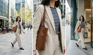 A sophisticated three-panel composition. Panel 1 shows a determined woman walking on a modern city street, Panel 2 is a close-up of blazer and Breton stripe details, and Panel 3 shows the woman entering a modern office building with a blazer over her shoulders.