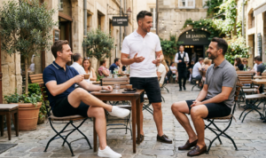A natural daylight photograph of three sophisticated men enjoying coffee and conversation at an upscale outdoor cafe patio surrounded by charming details.