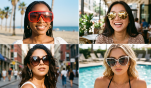 A four-panel photo grid featuring four different women showcasing diverse sunglass styles in distinct sunny outdoor locations. Top left: A close-up portrait of a smiling Black woman with her hair in braids, wearing large, prominent red shield-style sunglasses with tinted red lenses. She is positioned against a blurred beach backdrop with sand, blue sea, and palm trees under bright sunlight. Top right: An Asian woman with long black hair is laughing joyfully, looking slightly to the side. She is wearing gold-framed aviator sunglasses with reflective lenses. She is seated at an outdoor cafe with potted plants and blurred tables and patrons in the background, bathed in sunlight. She wears multiple layered gold necklaces. Bottom left: A close-up of a Hispanic woman with voluminous curly brown hair and a confident, neutral expression, looking directly forward. She is wearing large square sunglasses with a brown tortoiseshell pattern frame. The background is a blurred city street with brick buildings and people walking. She wears detailed dangle earrings. Bottom right: A portrait of a blonde woman by a swimming pool, posing with an alluring expression. She is wearing oversized, glamorous cat-eye sunglasses with rhinestone-embellished frames. She wears a black bikini top, layered gold necklaces, and hoop earrings. The background is a sunny poolside area with blurred palm trees and lounge chairs.