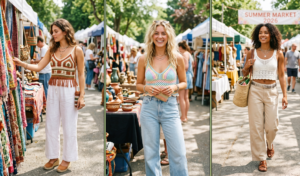 A 16:9 vertical composite photograph with three panels set in a column grid, set at a bustling outdoor summer market in 2026 under natural daylight, filled with colorful stalls and activity. All three women wear crochet crop tops and wide-leg trousers, embracing a boho-Y2K aesthetic. The left panel shows an early 20s woman with wavy brunette hair browsing a textiless tall. She wears an earthy-toned (cream, rust, green) crochet tank top with flowy, high-waist white wide-leg linen trousers and tan espadrille wedges, holding a woven bag. The center panel features a mid-20s woman with messy blonde waves smiling amidst the market. She wears a pastel-toned (blue, yellow, pink) crochet top and light-wash wide-leg denim jeans, accessorized with sunglasses and layered necklaces. The right panel captures a model with curly dark hair walking toward the camera along a market path, wearing a solid white intricate crochet tank top and beige wide-leg cotton trousers, carrying a straw bag with market finds, background stalls visible, a banner reads 'SUMMER MARKET 2026'. Crochet texture is prominent. Background is active.