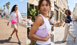 A three-panel montage of women carrying Y2K-style mini shoulder bags in neon pink nylon, pastel lavender leather, and metallic silver in bright outdoor settings.