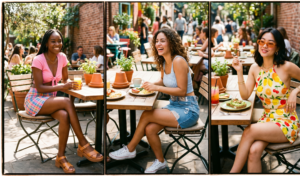 Three women in vibrant outfits sit at tables in an outdoor cafe. The left woman wears a pink ribbed tie-front crop top with a plaid mini skirt. The center woman in a light blue gingham crop top wears a denim mini skirt. The right woman wears a fruit-print halter top and matching mini skirt with tinted sunglasses.