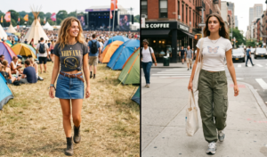 A two-panel diptych photograph comparing a woman's casual style in different environments. The left panel shows a young woman with wavy blonde hair at a crowded outdoor music festival, wearing a tied-up grey Nirvana t-shirt, a denim mini-skirt, and dark leather combat boots, walking on a grassy field surrounded by colourful tents and a large distant stage. The right panel shows another young woman with long dark brown hair in an urban setting, walking on a city sidewalk with detailed brownstone buildings, a street intersection, traffic, and a "COFFEE" sign in the background, wearing a white graphic t-shirt with a butterfly print, high-waisted olive green cargo pants, white sneakers, and carrying a white canvas tote bag.